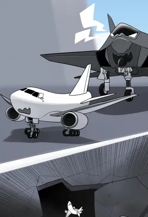 Hungry Fighter Jet and Kind Airliner
